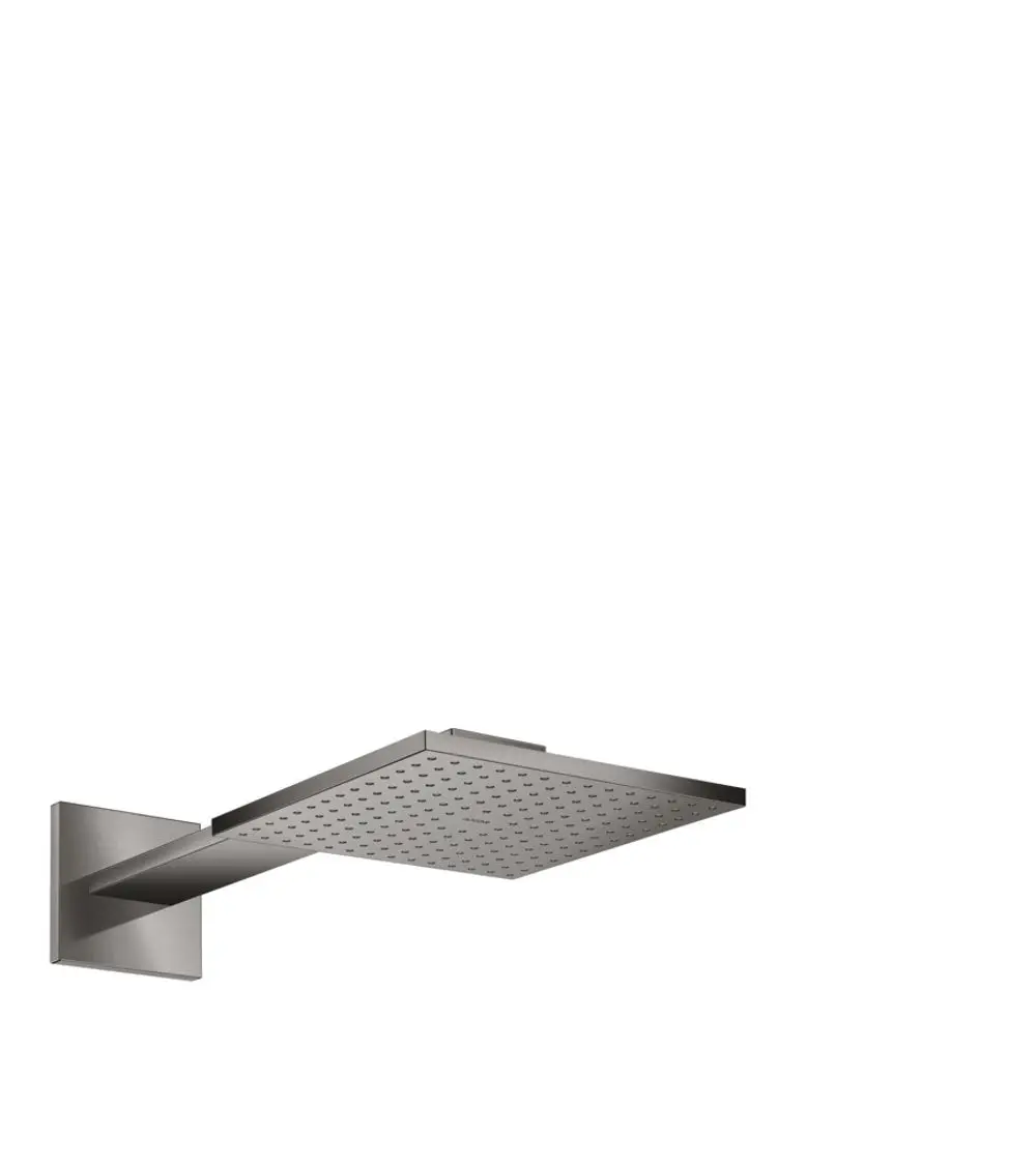 Duschkopf mit quadratischer Fläche und einer Montageplatte, in mattschwarzem Design. Ausgeführt von AXOR, geeignet für Wandmontage.